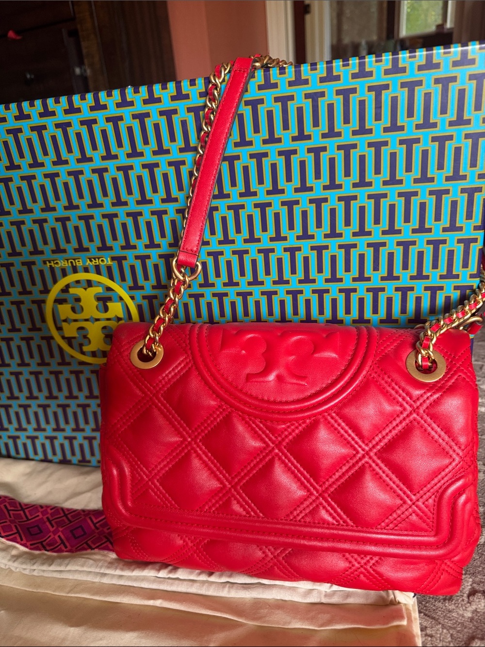 Tory Burch Bright Red Quilted Leather Chain Shoulder Bag